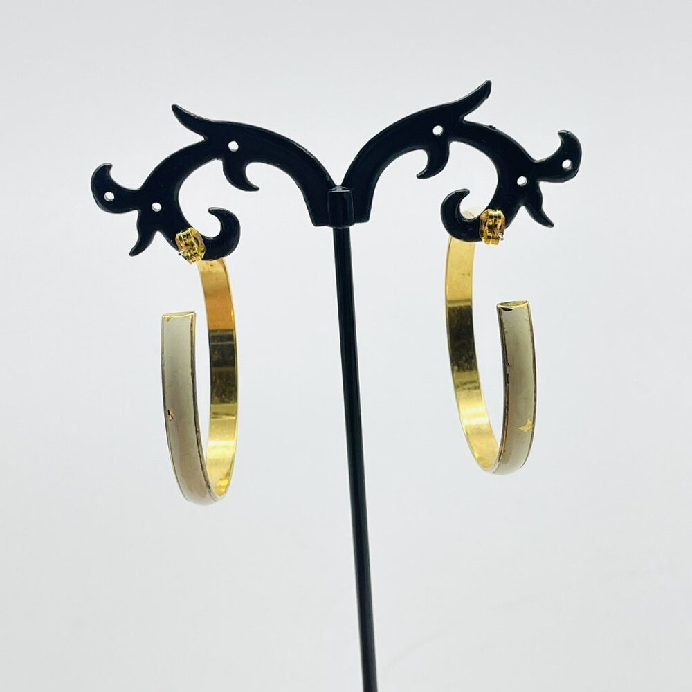 Hoop Earrings White Enameled Gold Tone Classic Career Everyday - Picture 9 of 9